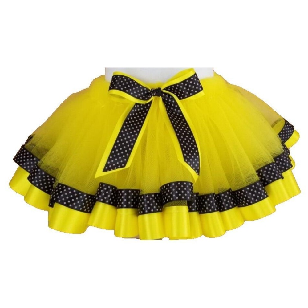 Yellow Tulle Tutu Skirt Polka Dot Ribbon Trim Bumblebee Costume Girls Size XS/S